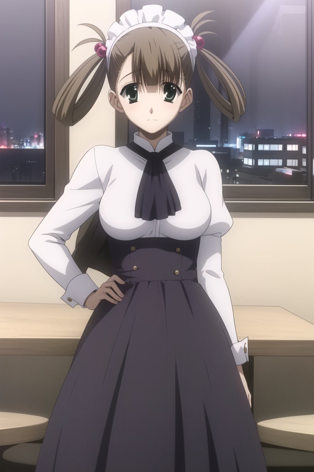  Highly detailed, High Quality, masterpiece, beautiful,
BREAK 1girl, solo, (young woman), (16 old), hikari kuroda, bangs, (brown hair:1.5), hair ornament, twintails, (green eyes), hair bobbles, hair rings, breasts, medium breasts,
BREAK Uniform Sweet Ohara, skirt, long sleeves, shirt, puffy sleeves, red ascot, (long skirt, purple skirt:1.5), white shirt, wrist_cuff, maid headdress, waist-length skirt,
BREAK restaurant, Windows, Night,
BREAK looking_at_viewer, Focus breasts,
 