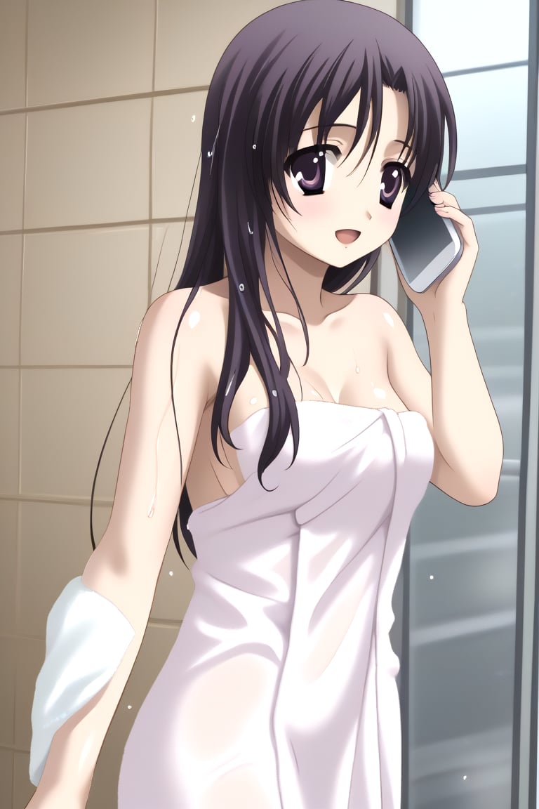 HD, 8k, highres, mantialiasing, Highly detailed, High Quality, masterpiece, beautiful, source_anime, 
BREAK inside a room, Windows, glass, day, 
BREAK 1girl, solo, young woman, 16 years old, kotonoha katsura, purple eyes, black hair, long hair, ((towel, girl covered by towel)), (wet hair, wet body:1.5),
BREAK looking at the viewer, on back, From behind, standing, Open mouth, happy, holding_cellphone,talking on phone 