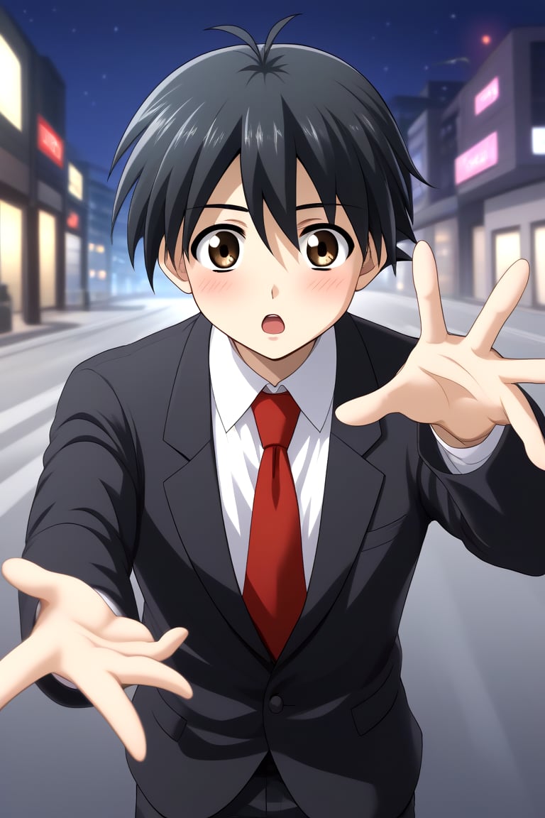 HD, 8k, highres, mantialiasing, Highly detailed, High Quality, masterpiece, beautiful, source_anime, 
BREAK 1boy, solo, young man, 16 years old, itou makoto, black hair, Brown eyes, short hair, :o, surprise face, Open mouth, blushing,
BREAK school uniform, shirt, pants, black jacket, red tie, black pants, 
BREAK ((outside on the street in a night city:1.5)) ,
BREAK Front view, standing, Upper body, head down, hands reaching towards viewer