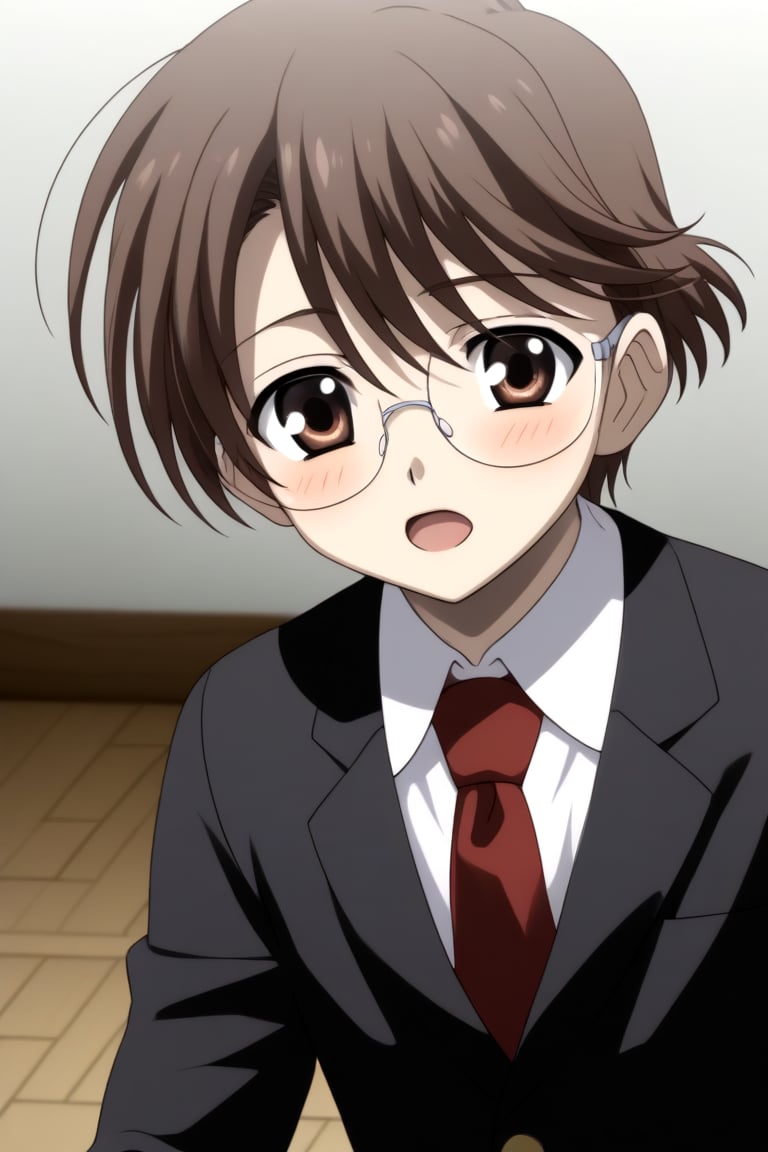 HD, 8k, highres, mantialiasing, Highly detailed, High Quality, masterpiece, beautiful, source_anime, 
BREAK 1boy, solo, male focus, 16 years old, yuuki ashikaga, brown hair, brown eyes, short hair, glasses, 
BREAK mosaic floor, 
BREAK school uniform, shirt, pants, black jacket, red tie
BREAK front view, ((lying on the floor)), blush, (suprised look), upper_body, open_mouth, 