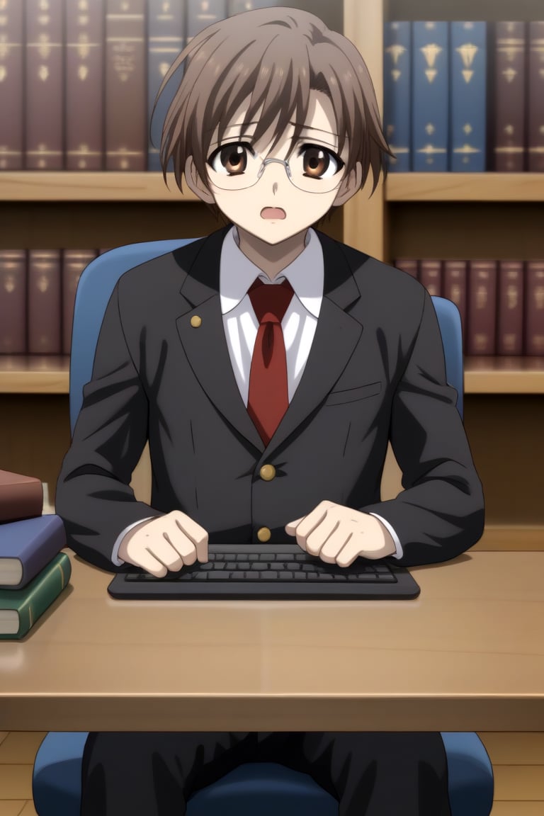 HD, 8k, highres, mantialiasing, Highly detailed, High Quality, masterpiece, beautiful, source_anime, 
BREAK 1boy, solo, male focus, 16 years old, yuuki ashikaga, brown hair, brown eyes, short hair, glasses, Open mouth, (sad look),
BREAK inside a library, books, bookshelves, computer screen,
BREAK school uniform, shirt, pants, black jacket, red tie
BREAK looking_at_viewer, front view, sitting at the chair, boy sitting on a chair in front of a computer, hands hitting the table