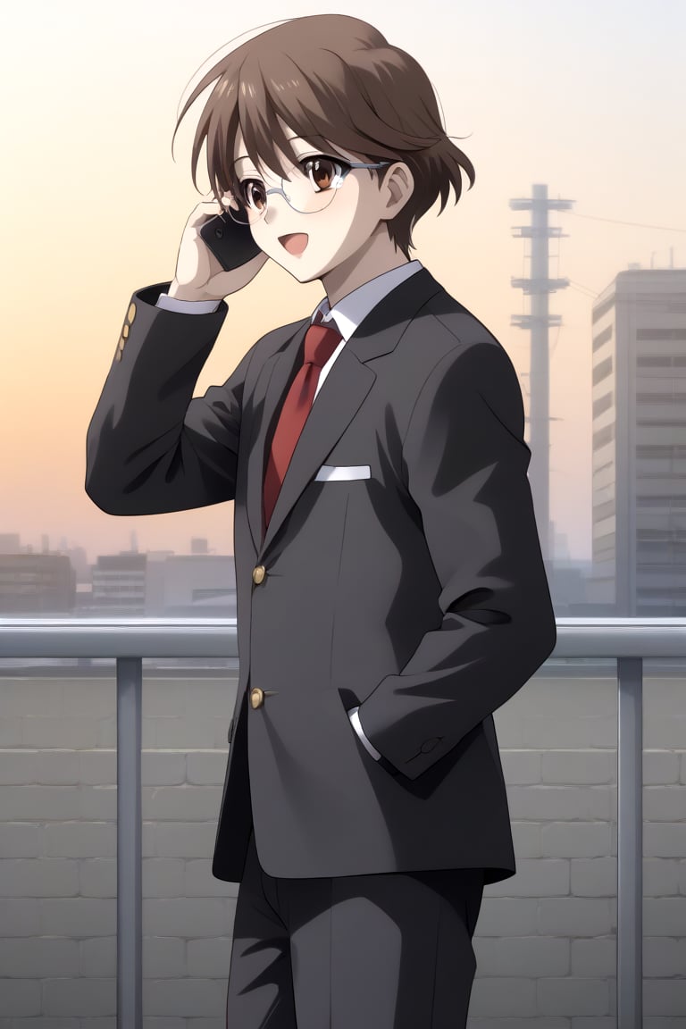 HD, 8k, highres, mantialiasing, Highly detailed, High Quality, masterpiece, beautiful, source_anime, 
BREAK 1boy, solo, male focus, 16 years old, yuuki ashikaga, brown hair, brown eyes, short hair, glasses, Open mouth, (happy look),
BREAK Windows, outside, sunset sky, wall,
BREAK school uniform, shirt, pants, black jacket, red tie
BREAK looking side, back view, talking on phone , (boy standing in back of window),