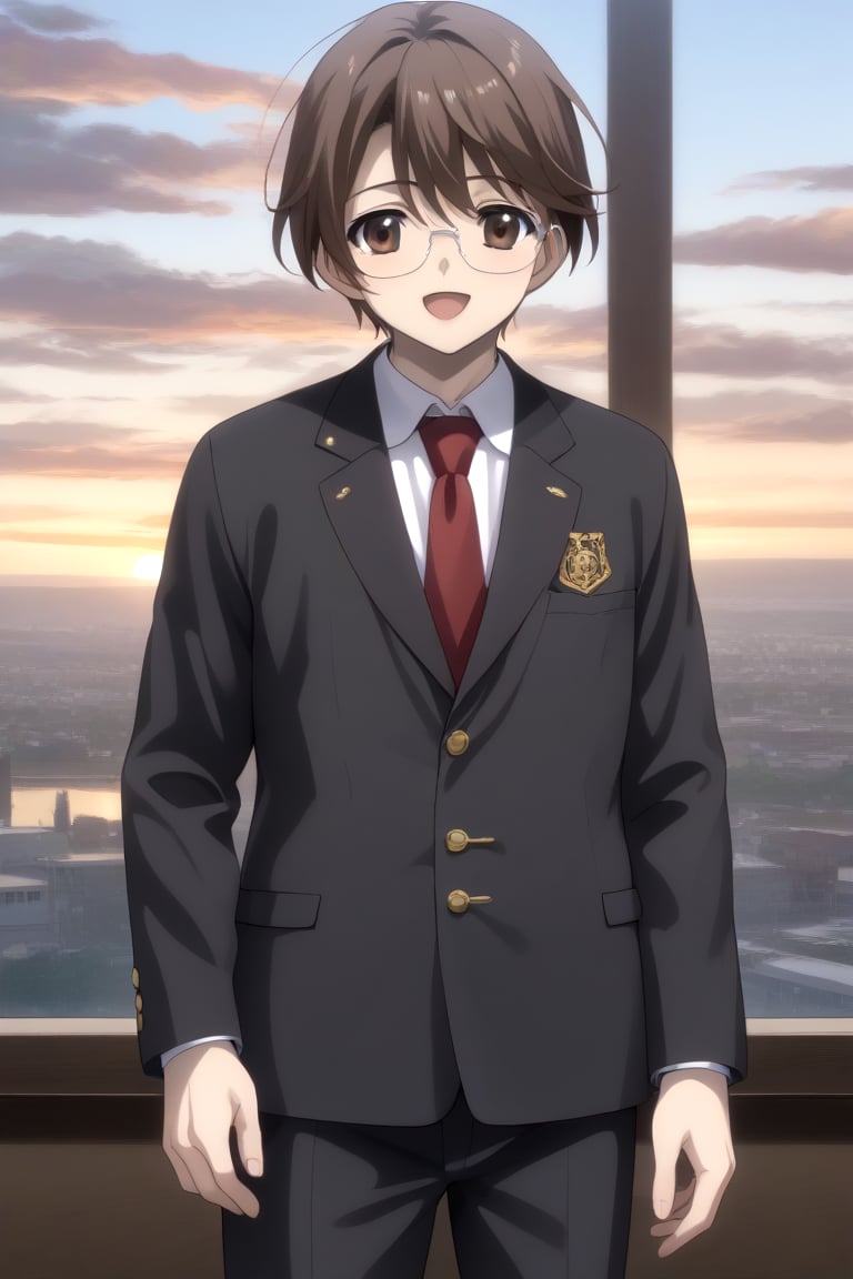 HD, 8k, highres, mantialiasing, Highly detailed, High Quality, masterpiece, beautiful, source_anime, 
BREAK 1boy, solo, male focus, 16 years old, yuuki ashikaga, brown hair, brown eyes, short hair, glasses, Open mouth, (happy look),
BREAK Windows, outside, sunset sky,
BREAK school uniform, shirt, pants, black jacket, red tie
BREAK looking side, back view, talking on phone , (boy standing in back of window),