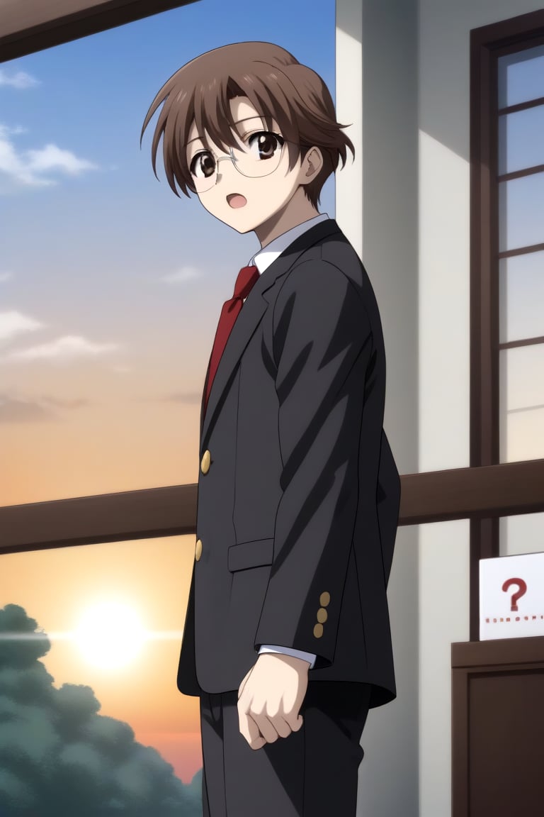 HD, 8k, highres, mantialiasing, Highly detailed, High Quality, masterpiece, beautiful, source_anime, 
BREAK 1boy, solo, male focus, 16 years old, yuuki ashikaga, brown hair, brown eyes, short hair, glasses, Open mouth, (confused look),question_sign,
BREAK Windows, outside, sunset sky,
BREAK school uniform, shirt, pants, black jacket, red tie
BREAK looking_at_viewer, side view, (boy standing in front of window),