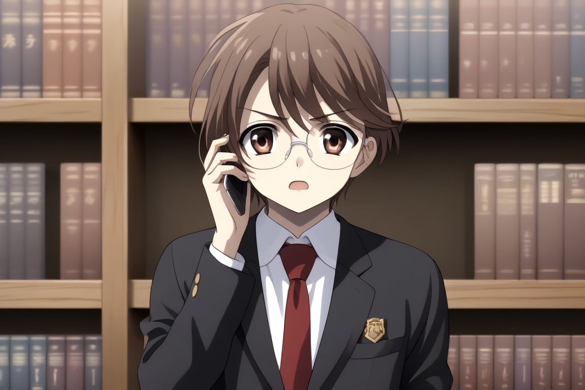 HD, 8k, highres, mantialiasing, Highly detailed, High Quality, masterpiece, beautiful, source_anime, 
BREAK 1boy, solo, male focus, 16 years old, yuuki ashikaga, brown hair, brown eyes, short hair, glasses, Open mouth, (serious look),
BREAK inside a library, books, bookshelves, glass,
BREAK school uniform, shirt, pants, black jacket, red tie
BREAK looking_at_viewer, front view, talking on phone, boy standing in front of window, outside, sunset sky