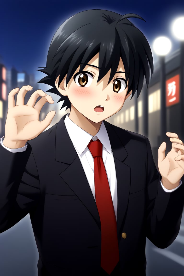 HD, 8k, highres, mantialiasing, Highly detailed, High Quality, masterpiece, beautiful, source_anime, 
BREAK 1boy, solo, young man, 16 years old, itou makoto, black hair, Brown eyes, short hair, :o, surprise face, Open mouth, blushing,
BREAK school uniform, shirt, pants, black jacket, red tie, black pants, 
BREAK ((outside on the street in a night city:1.5)) ,
BREAK Front view, standing, Upper body, head down, hands up