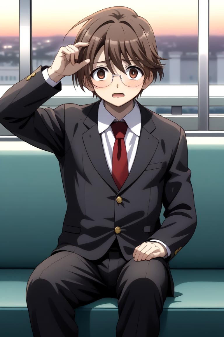 HD, 8k, highres, mantialiasing, Highly detailed, High Quality, masterpiece, beautiful, 
BREAK 1boy, solo, male focus, yuuki ashikaga, brown hair, Brown eyes, ((short hair)), Open mouth, 
BREAK school uniform, shirt, pants, black jacket, red tie, black pants, long pants, glasses,
BREAK interior of a subway, sunset, glass, 
BREAK solo focus, front view, focus face, sitting, looking at the viewer, nervous face, blushing, constricted pupils, boy adjusting his own glasses,