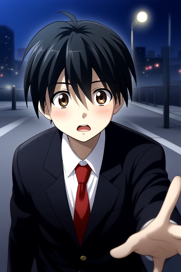 HD, 8k, highres, mantialiasing, Highly detailed, High Quality, masterpiece, beautiful, source_anime, 
BREAK 1boy, solo, young man, 16 years old, itou makoto, black hair, Brown eyes, short hair, :o, surprise face, Open mouth, blushing,
BREAK school uniform, shirt, pants, black jacket, red tie, black pants, 
BREAK ((outside on the street in a night city:1.5)) ,
BREAK Front view, standing, Upper body, head down, reaching towards viewer