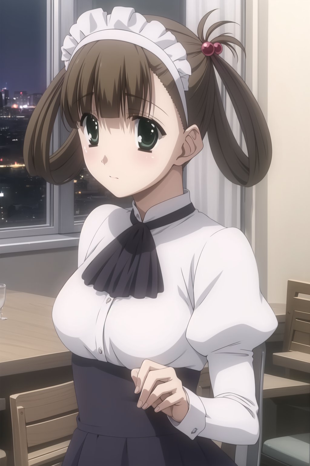  Highly detailed, High Quality, masterpiece, beautiful,
BREAK 1girl, solo, (young woman), (16 old), hikari kuroda, bangs, (brown hair:1.5), hair ornament, twintails, (green eyes), hair bobbles, hair rings, breasts, medium breasts,
BREAK Uniform Sweet Ohara, skirt, long sleeves, shirt, puffy sleeves, red ascot, long skirt, (purple skirt), white shirt, wrist_cuff, maid headdress, waist-length skirt,
BREAK restaurant, Windows, Night,
BREAK looking_at_viewer, ((front view)), Focus breasts,
 