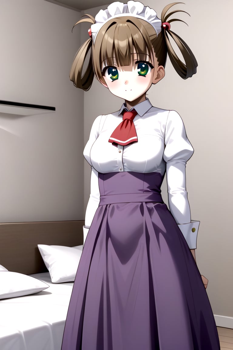 Highly detailed, High Quality, masterpiece, beautiful,
BREAK 1girl, solo, (young woman), (16 old), hikari kuroda, bangs, (brown hair), hair ornament, twintails, (green eyes), hair bobbles, hair rings, medium breasts, 
BREAK bed, 
BREAK Uniform Sweet Ohara, ((white_blouse, long sleeves)), puffy sleeves, (red ascot), long skirt, (purple skirt:1.5), wrist_cuff, maid headdress, 
BREAK looking_at_viewer, Focus breasts, full_body, standing,