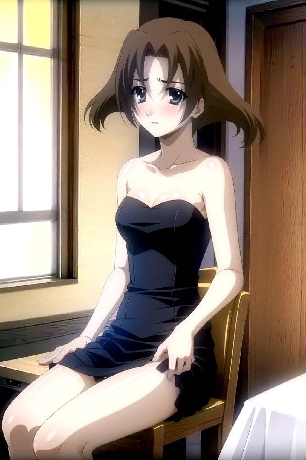 Highly detailed, High Quality, masterpiece, beautiful, 
BREAK 1girl, solo, (young woman, 18 years old), minami obuchi, short_hair, brown_hair, bangs, grey eyes,
BREAK (italian restaurant interior background:1.5),
BREAK bzsplit, blue dress, side slit, strapless dress, bare shoulders, 
BREAK looking_at_viewer, sitting, solo_female, (Focus vaginal), full_body, feet_out_of_frame, Open legs,bzsplit