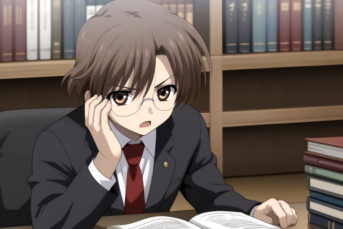 HD, 8k, highres, mantialiasing, Highly detailed, High Quality, masterpiece, beautiful, source_anime, 
BREAK 1boy, solo, male focus, 16 years old, yuuki ashikaga, brown hair, brown eyes, short hair, glasses, Open mouth, (serious look),
BREAK inside a library, books, bookshelves, computer screen,
BREAK school uniform, shirt, pants, black jacket, red tie
BREAK looking_at_viewer, front view, sitting at the chair, boy sitting on a chair in front of a computer, hands hitting the table, 