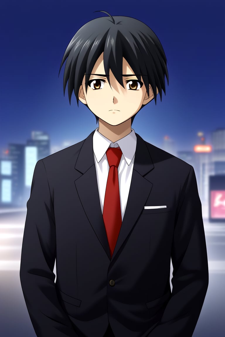 HD, 8k, highres, mantialiasing, Highly detailed, High Quality, masterpiece, beautiful, source_anime, 
BREAK 1boy, solo, young man, 16 years old, itou makoto, black hair, Brown eyes, short hair, :o, sad face,
BREAK school uniform, shirt, pants, black jacket, red tie, black pants, 
BREAK ((outside on the street in a night city:1.5)) ,
BREAK Front view, standing, Upper body, head down, hands together asking for forgiveness,