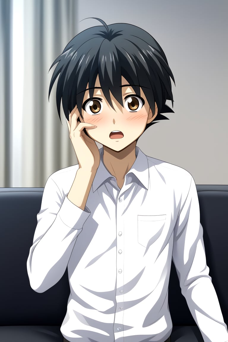 HD, 8k, highres, mantialiasing, Highly detailed, High Quality, masterpiece, beautiful, source_anime, 
BREAK 1boy, solo, young man, 16 years old, itou makoto, black hair, Brown eyes, short hair, :o, surprise face, Open mouth, blushing,
BREAK white shirt, pants, black pants,
BREAK inside living room, window, glass, couch, night, dark environment, 
BREAK front view, standing, Upper body, solo focus, looking at the viewer, swollen cheek, hand on cheek,