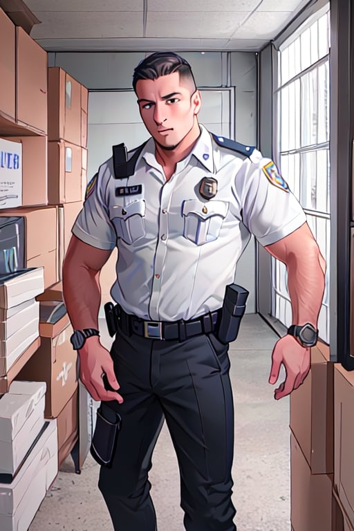 portrait pics, stocky young indonesian provost zombbifiied police officer in tidy greyish tan summer uniform, black trousers, white holster, and wear a watch with whiten eyes and foamy mouth rage, attack each others aimlessly,  at dark messy working room ,Portrait