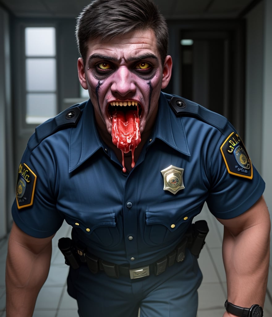 An abandoned police station, a muscular zombified LAPD male officer young Kaka
 in navy blue summer uniform and a watch with vomit dripped from his mouth, zombie white eyes. he's taken and possessed by white vomit that infect his mouth. He's with blood and vomiting slime parasite, thwn he vomit and staggering running then attack,
handsome male,Portrait,Close-up
