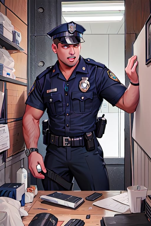 portrait pics, stocky young indonesian provost zombbifiied police officer in tidy greyish tan summer uniform, black trousers, white holster, and wear a watch with whiten eyes and foamy mouth rage, attack each others aimlessly,  at dark messy working room ,Portrait