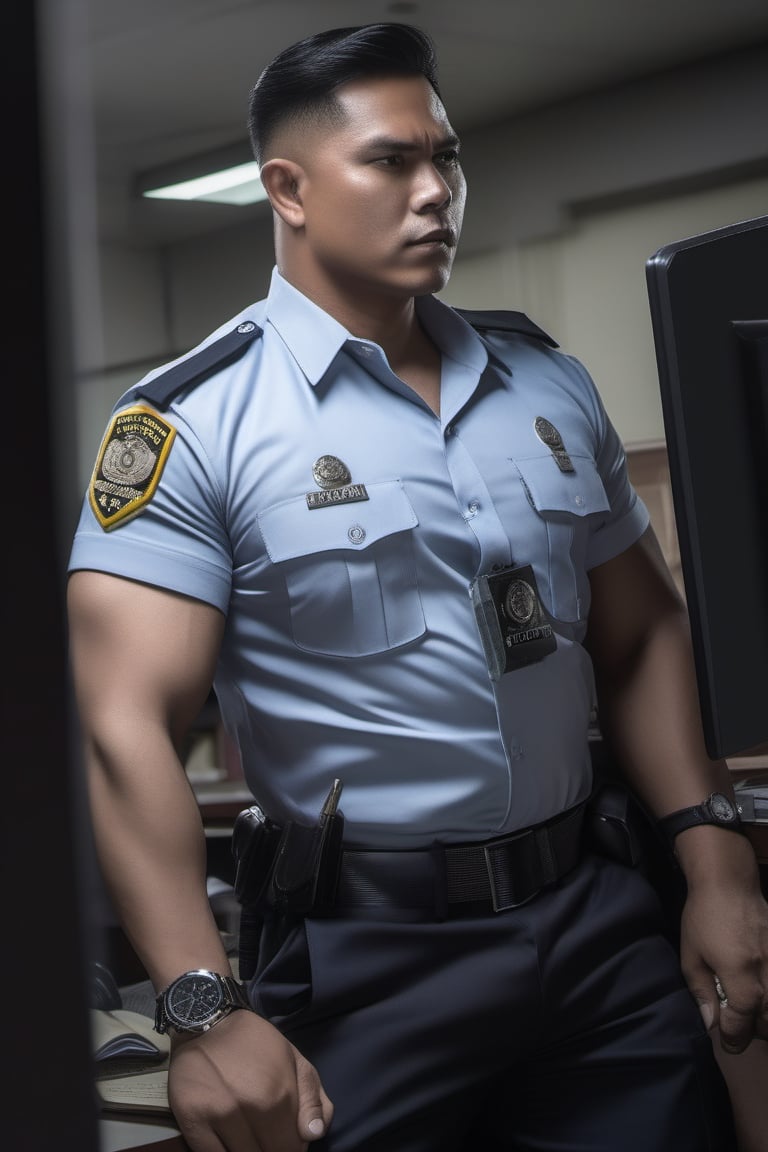 portrait close-up professional photography of abandoned police station, two named Asan and Adi is burly muscular Indonesian provost Policeman in tidy greyish summer uniform, black trousers, white holster, and watch. They're 40's like dry mummy. they're laying Sat on the mess work desk chair weakly with white eyes and opened vomit foamy mouth. cause : sudden cardiac arrest. They collapsed when they still work with their head laying on the table facing to computer,man,looking at the viewer