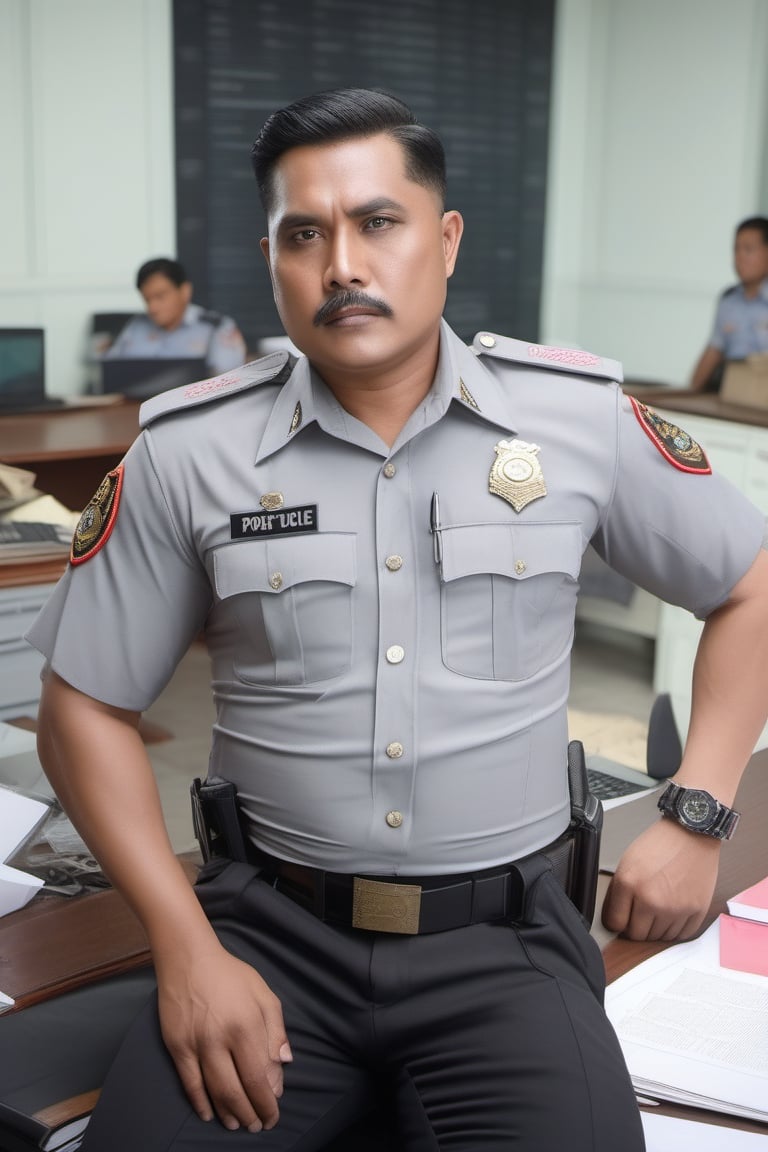 portrait close-up professional photography of abandoned police station, two named Asan and Adi is burly muscular Indonesian provost Policeman in tidy greyish summer uniform, black trousers, white holster, and watch. They're 40's like dry mummy. they're laying Sat on the mess work desk chair weakly with white eyes and opened vomit foamy mouth. cause : sudden cardiac arrest. They collapsed when they still work with their head laying on the table facing to computer,man,looking at the viewer