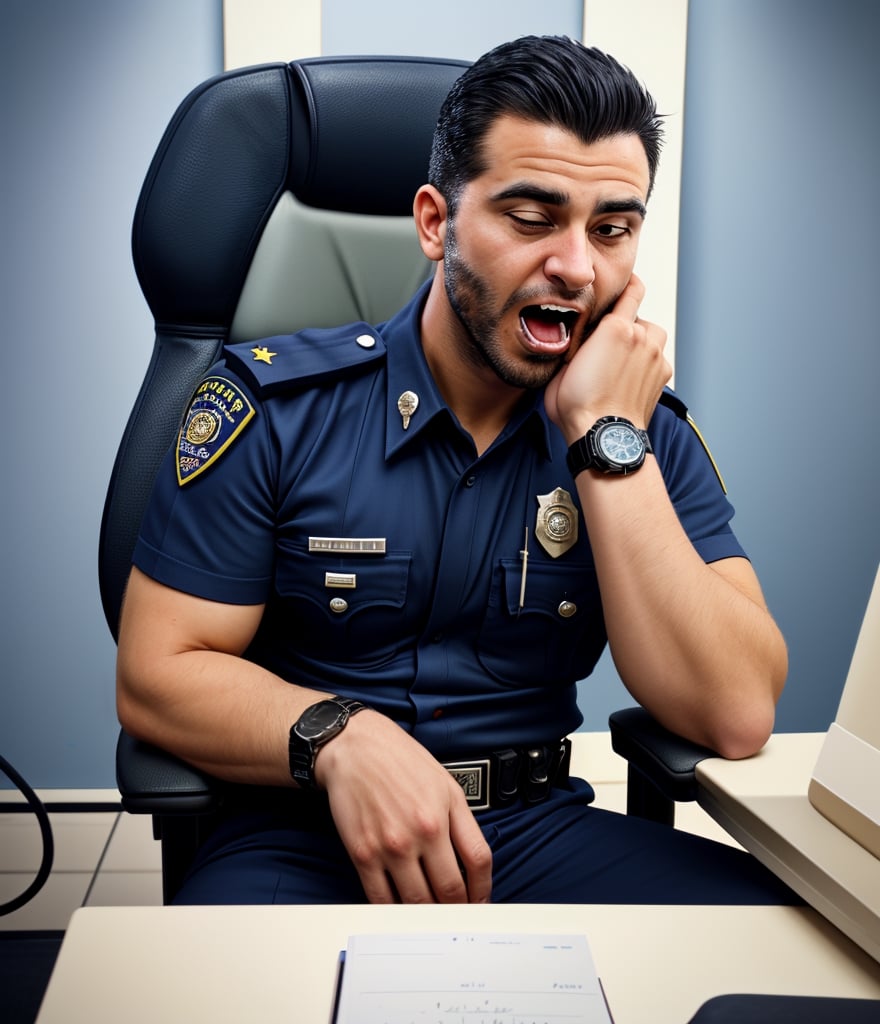 professional photo, on the messy working chair, the burly arabian 35's years old officers LAPD policemen with short hair, wearing navy blue short sleeve uniform and a watch passed out caused by sudden cardiac arrest, with white eyes, the head facing up, and foaming mouth.
handsome male,Portrait,
