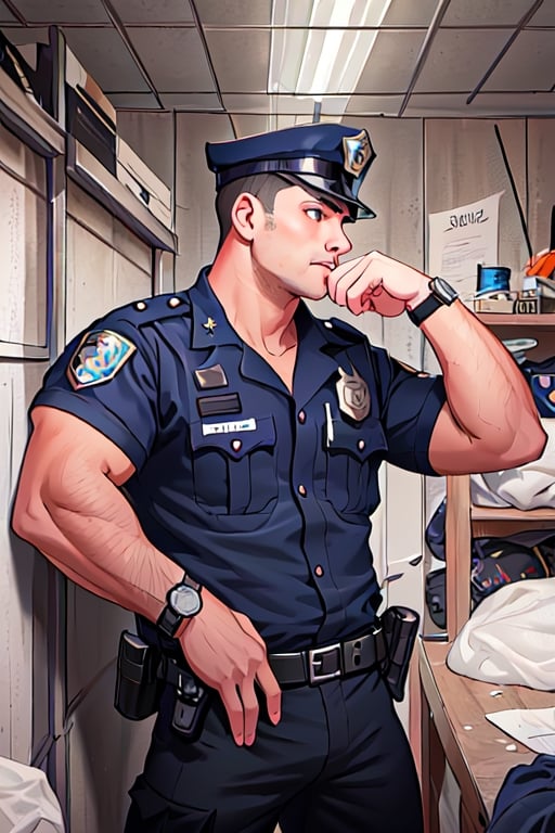 portrait pics, stocky young indonesian provost zombbifiied police officer in tidy greyish tan summer uniform, black trousers, white holster, and wear a watch with whiten eyes and foamy mouth rage, attack each others aimlessly,  at dark messy working room ,Portrait