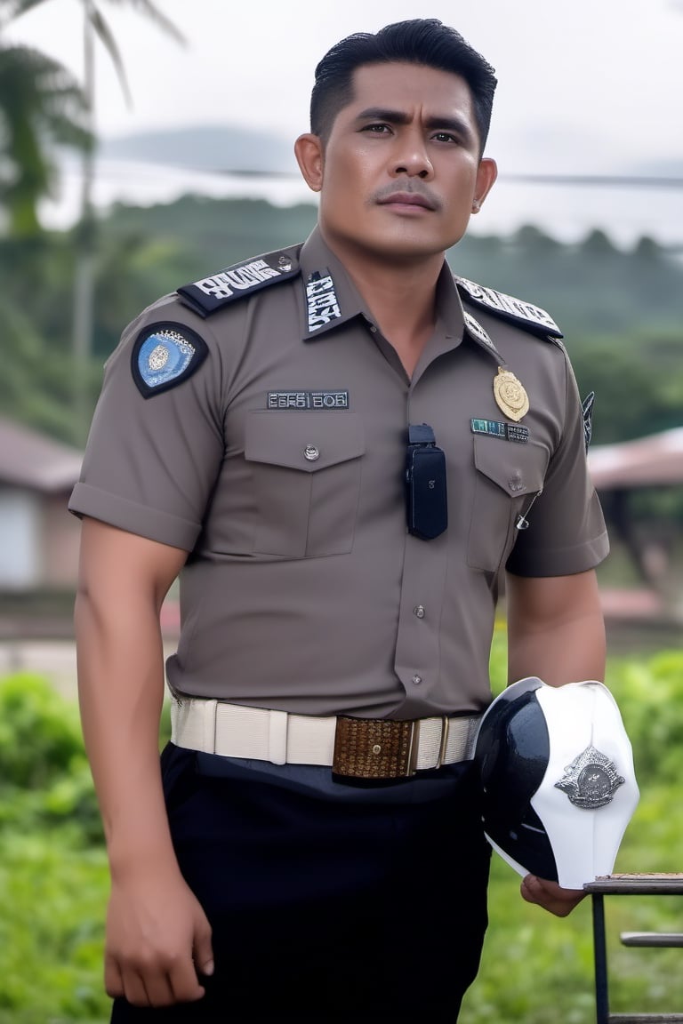 portrait close-up professional photography of abandoned police station, two named Asan and Adi is burly muscular Indonesian provost Policeman in tidy greyish summer uniform, black trousers, white holster, and watch. They're 40's like dry mummy. they're laying Sat on the mess work desk chair weakly with white eyes and opened vomit foamy mouth. cause : sudden cardiac arrest. They collapsed when they still work with their head laying on the table facing to computer,man,looking at the viewer