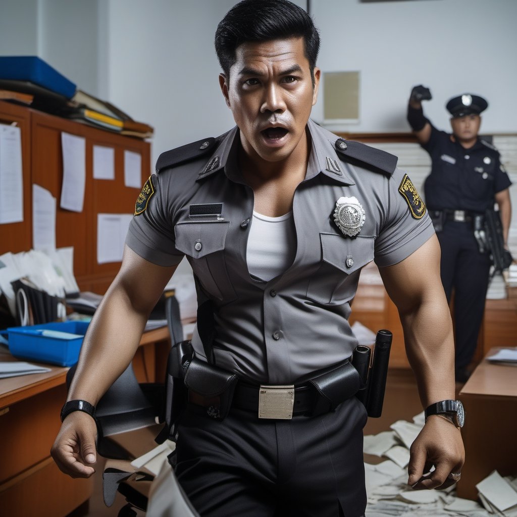 portrait close-up professional photography of abandoned police station, two named Asan and Adi is burly muscular Indonesian provost Policeman in tidy greyish summer uniform, black trousers, white holster, and watch. They're 40's like dry mummy. they're laying Sat on the mess work desk chair weakly with white eyes and opened vomit foamy mouth. cause : sudden cardiac arrest. They collapsed when they still work with their head laying on the table facing to computer,man,looking at the viewer