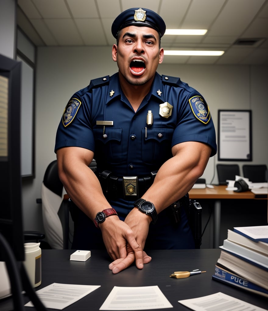 An abandoned police station, a muscular zombified LAPD male officer young Kaka
A low angle professional photo of messy duty room. There are many burly handsome Indonesian LAPD Policemen in navy summer uniform and a watch transform be a zombiie with Whiten eyes, raged, screaming out with a sliime foam from his mouth. Caused by sudden cardiac arrest. They're so weak on their working desk with head leaning on the back seat
handsome male,Portrait,
