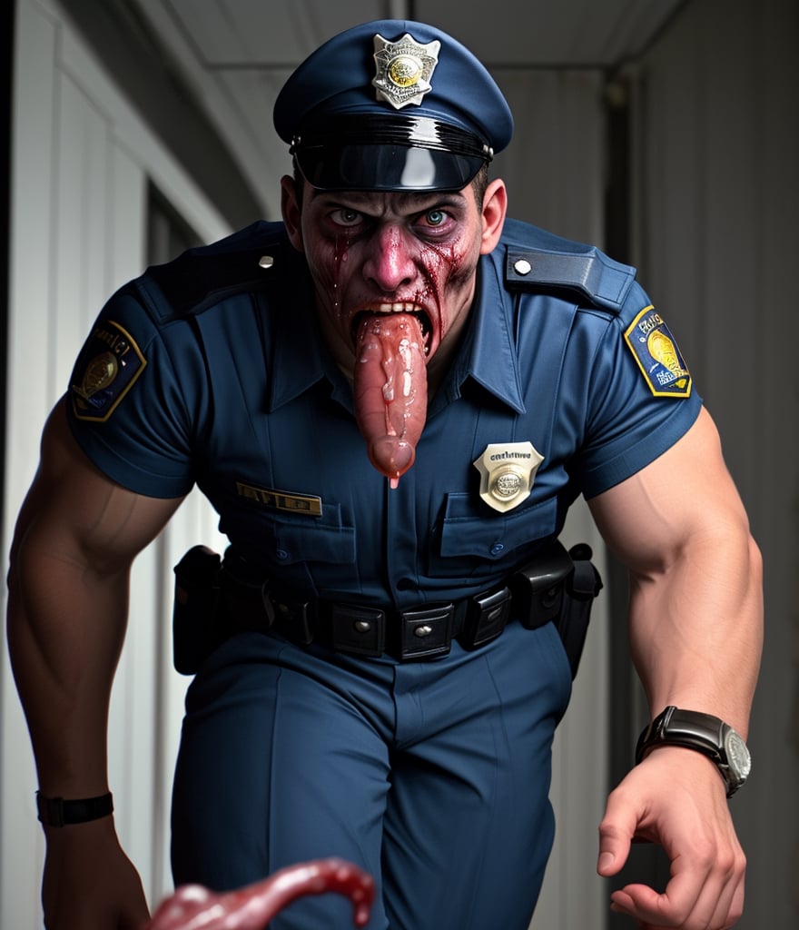 An abandoned police station, a muscular zombified LAPD male officer young Kaka
 in navy blue summer uniform and a watch with vomit dripped from his mouth, zombie white eyes. he's taken and possessed by white vomit that infect his mouth. He's with blood and vomiting slime parasite, thwn he vomit and staggering running then attack,
handsome male,Portrait,Close-up
