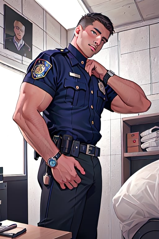 portrait pics, stocky young indonesian provost zombbifiied police officer in tidy greyish tan summer uniform, black trousers, white holster, and wear a watch with whiten eyes and foamy mouth rage, attack each others aimlessly,  at dark messy working room ,Portrait