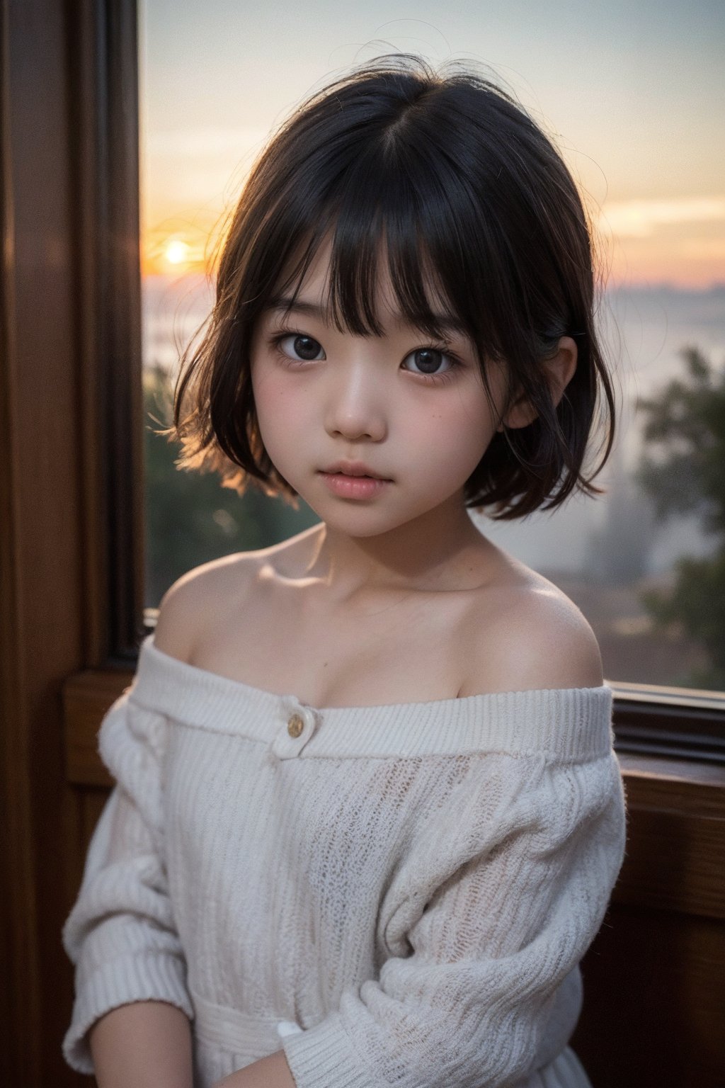 主：(Misty woods under sunset),  視：(((face photo))),  人：1litte 1kid 7yo gril by 萬仔38 on Tensor.Art