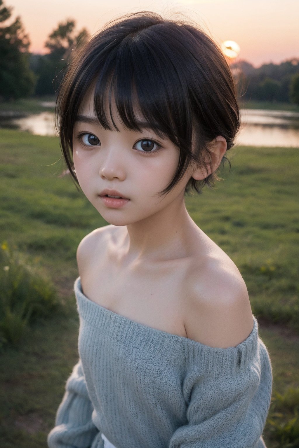 主：(Misty woods under sunset),  視：(((face photo))),  人：1litte 1kid 7yo gril by 萬仔38 on Tensor.Art