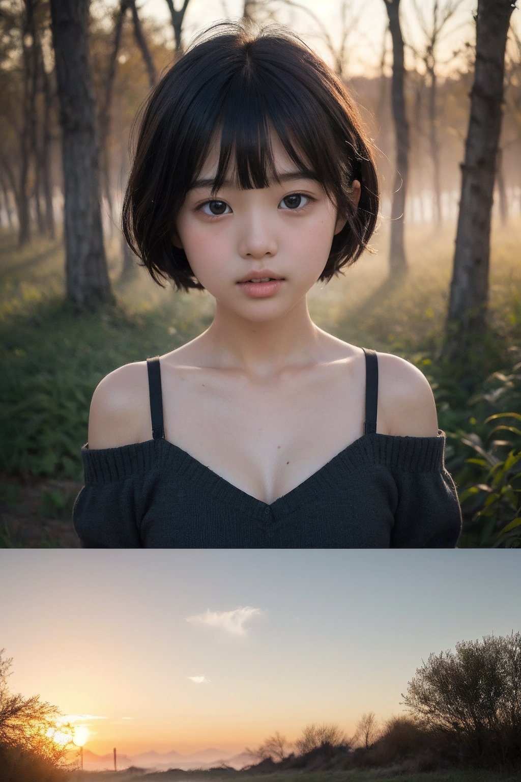 主：(Misty woods under sunset),  視：(((face photo))),  人：1litte 1kid 7yo gril by 萬仔38 on Tensor.Art