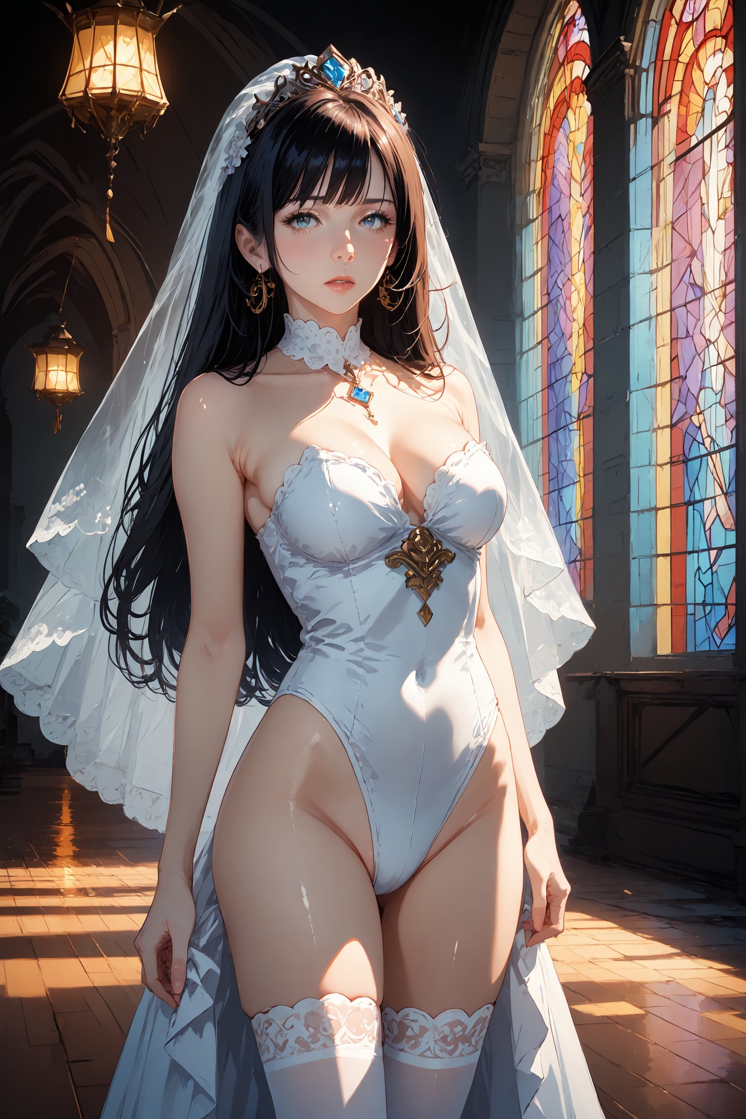 score_9, score_8_up, score_7_up,1girl,young,Japanese girl, fair skin, cute, ,masterpiece,((best quality, 8k, ultra-detailed)),cg,perfect anatomy,(solo:1.4),pretty face,leotard,bridal veil,stockings,long_black_hair,sexy_pose,8K,(profile:0.6),blush,shy,((chapel,Stained glass)), natural light,((realism: 1.2 )), dynamic far view shot,cinematic lighting, perfect composition, by sumic.mic, ultra detailed, official art, masterpiece, (best quality:1.3), reflections, extremely detailed cg unity 8k wallpaper, detailed background, masterpiece, best quality , (masterpiece), (best quality:1.4), (ultra highres:1.2), (hyperrealistic:1.4), (photorealistic:1.2), best quality, high quality, highres,