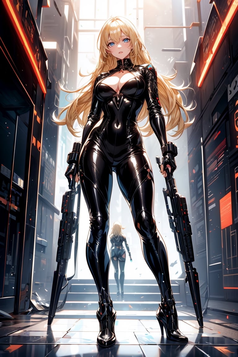 full body picture Unreal Engine 5 8K UHD of beautiful woman,  blonde hair,  shiny black tight futuristic special force sui...
