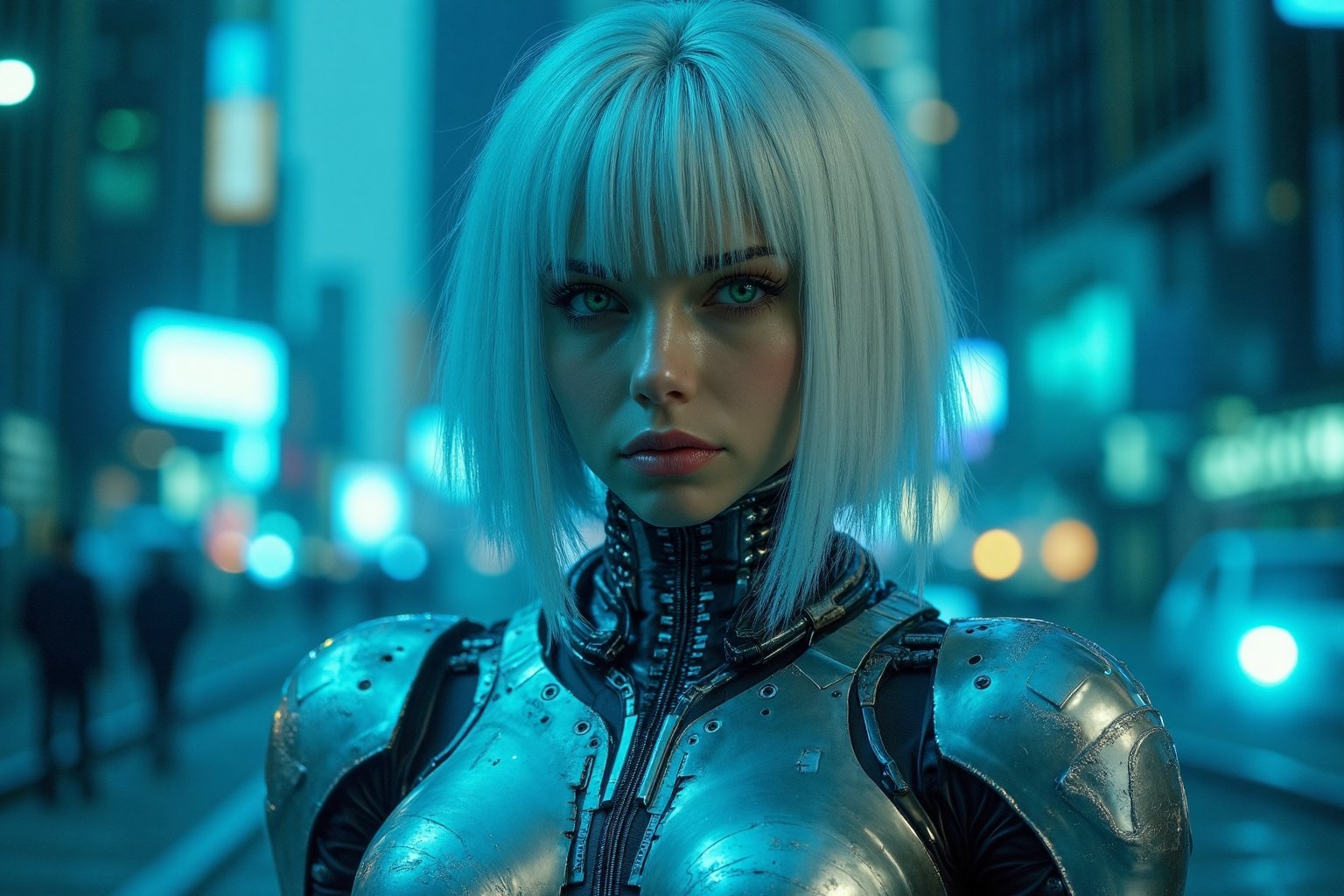 A full body shot of a futuristic a 19 year old girl in a sleek suit, her white hair styled in a chic bob. She's a cyborg with silver metallic plating on her arms and torso, glistening under the dim blue lighting. Her piercing green eyes gleam as she gazes directly at the camera, her facial expression a perfect blend of confidence and curiosity. The framing is tight, focusing on her striking features amidst the intricate cybernetic enhancements. In the background, a cityscape's neon lights hum with energy, reflecting off the metallic surfaces of her suit.,Fantasy detailers, Head to Feet shot, wide camera angle.