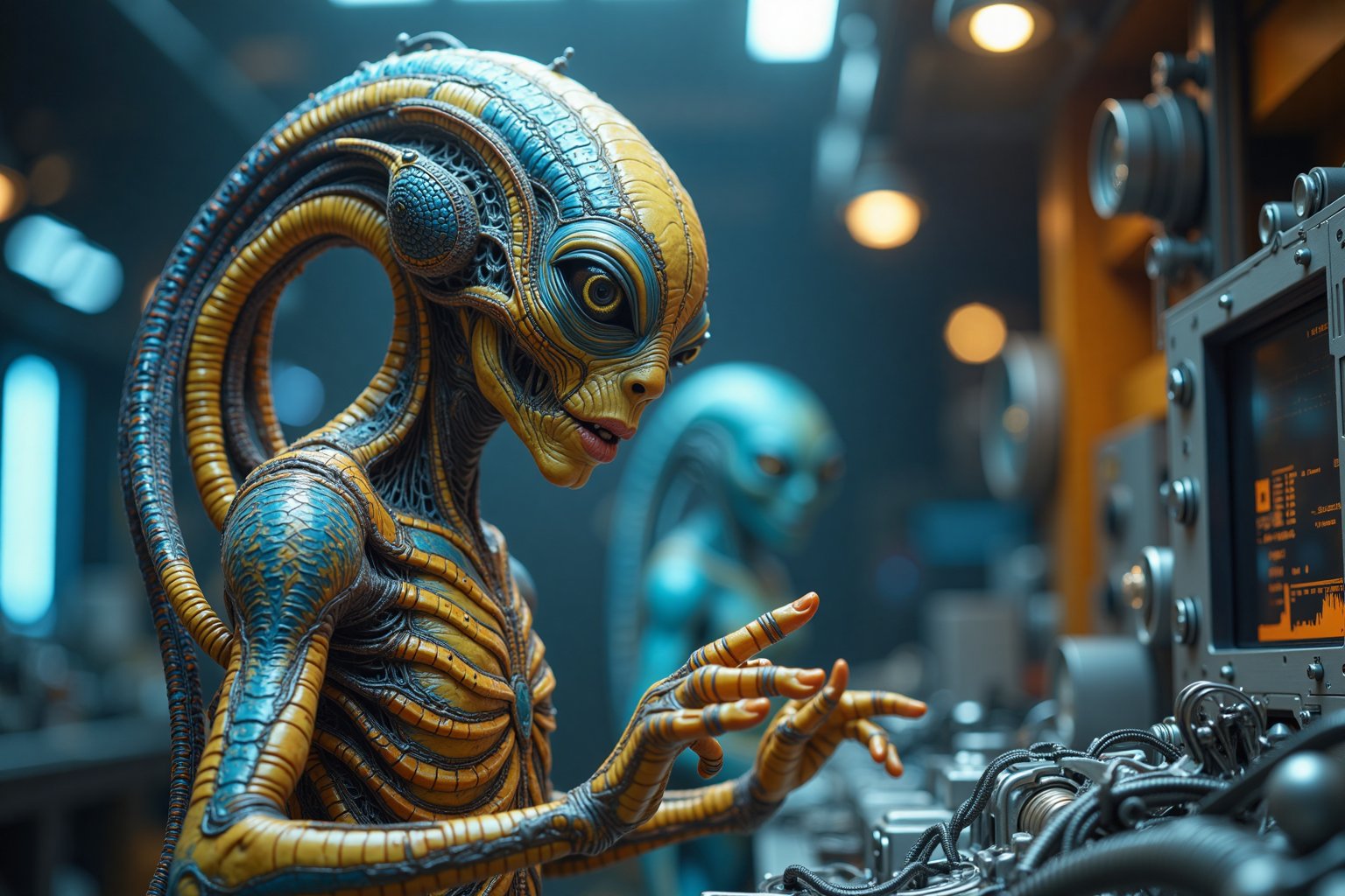 most perfect looking strange, very intricate,  friendly alien, with blue, yellow and grey colour schemes. Working in a strange alien laboratory on an Alien World.