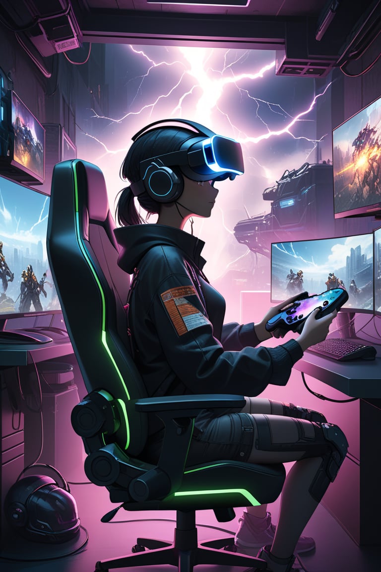 score_9, score_8_up, score_7_up, 2d, cute, insanely detailed, detailed background many monitors, girl, helmet with vr, cable connected to helmet, sitting, open leg, cyberpunk, holding game controller, sitting in a gaming chair, ,best lighting, detailed illustration, detailed background, cinematic, ,Vision Pro, head-mounted display, glowneon, glowing, sparks, lightning, 