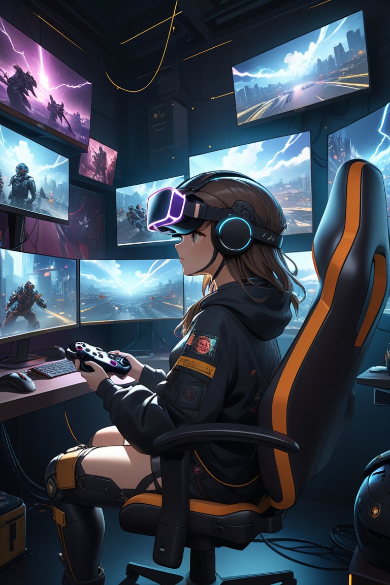 score_9, score_8_up, score_7_up, 2d, cute, insanely detailed, detailed background many monitors, girl, helmet with vr, cable connected to helmet, sitting, open leg, cyberpunk, holding game controller, sitting in a gaming chair, ,best lighting, detailed illustration, detailed background, cinematic, ,Vision Pro, head-mounted display, glowneon, glowing, sparks, lightning, 