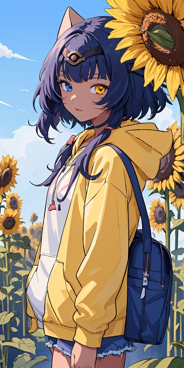 (masterpiece), best quality, ultra-detailed, illustration, (kawaii style), pastel colors, kawaii, cute colors, , 1girl, candacernd, ,heterochromia, dark-skinned female, yellow eyes, blue eyes, tan skin, blue hair, (alternate costume), regular outfit, baggy hoodie, yellow hoodie, sunflower, sunflower fiels, blue sky,candacedef