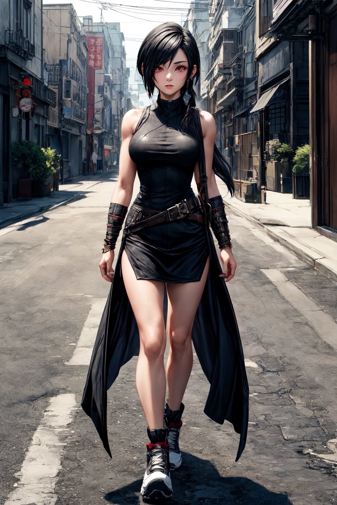 {[(8K quality image), (full body), (ultra quality image), (ultra detailed image), (perfect body), (super detailed)]}, 
character tifa lockhart, game final fantasy 7, oriental, japanese, body in good shape, run in street, long black hair, red eyes, 