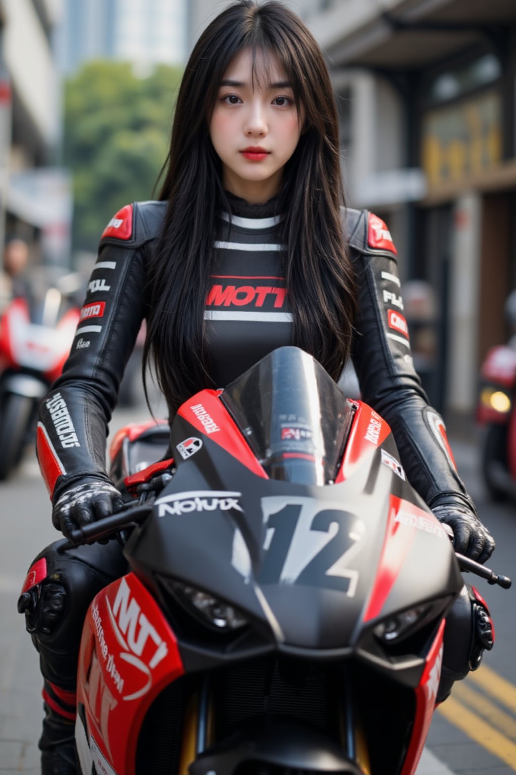 Masterpiece, top quality, photorealistic, ultra-detailed, highly detailed, high resolution, 8K wallpaper, long-haired girl riding a MotoGP race bike, looking at the camera, perfect composition, blurred background. smile,smile,