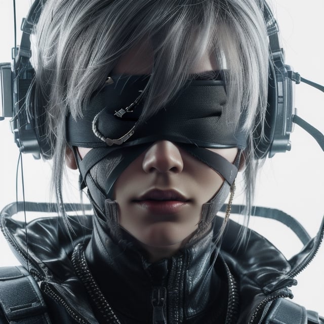 n_2b, white hair, realistic photography, action,white background,ink,(black blindfold:1.3),Ultra-detail,(highres:1.1),best quality,(masterpiece:1.3),cinematic lighting,Cyberpunk VR ,Cyberpunk,C7b3rp0nkStyle,Cyber_Egypt,pureerosface_v1