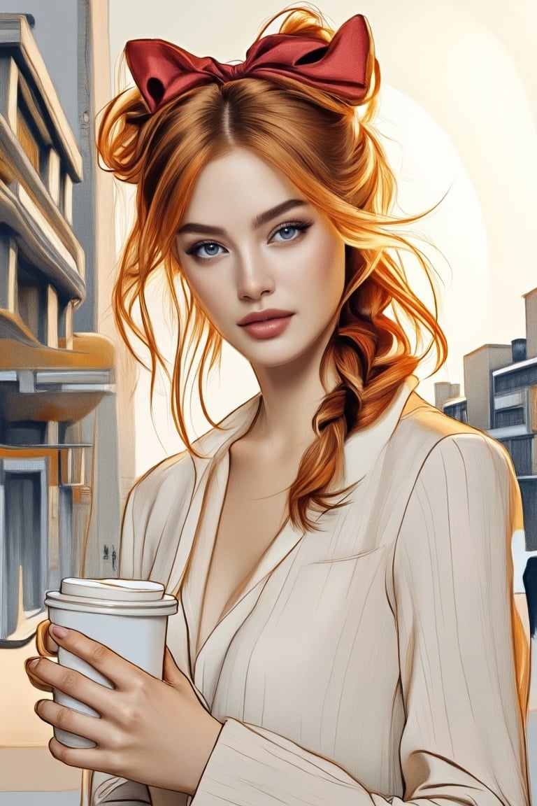 "Illustrate a medium young woman with striking red hair in messy buns with two large red bows and a long braid. She has striking green eyes, pale skin with freckles, and rosy cheeks. Her expression is playful, as if blowing a kiss,wearing elegant, modest white office attire, holding a cup of coffee, urban backdrop bathed in the ethereal glow of morning sunrays in the background elegant ', MsK,Sketching1.hanna,Pencil drawing