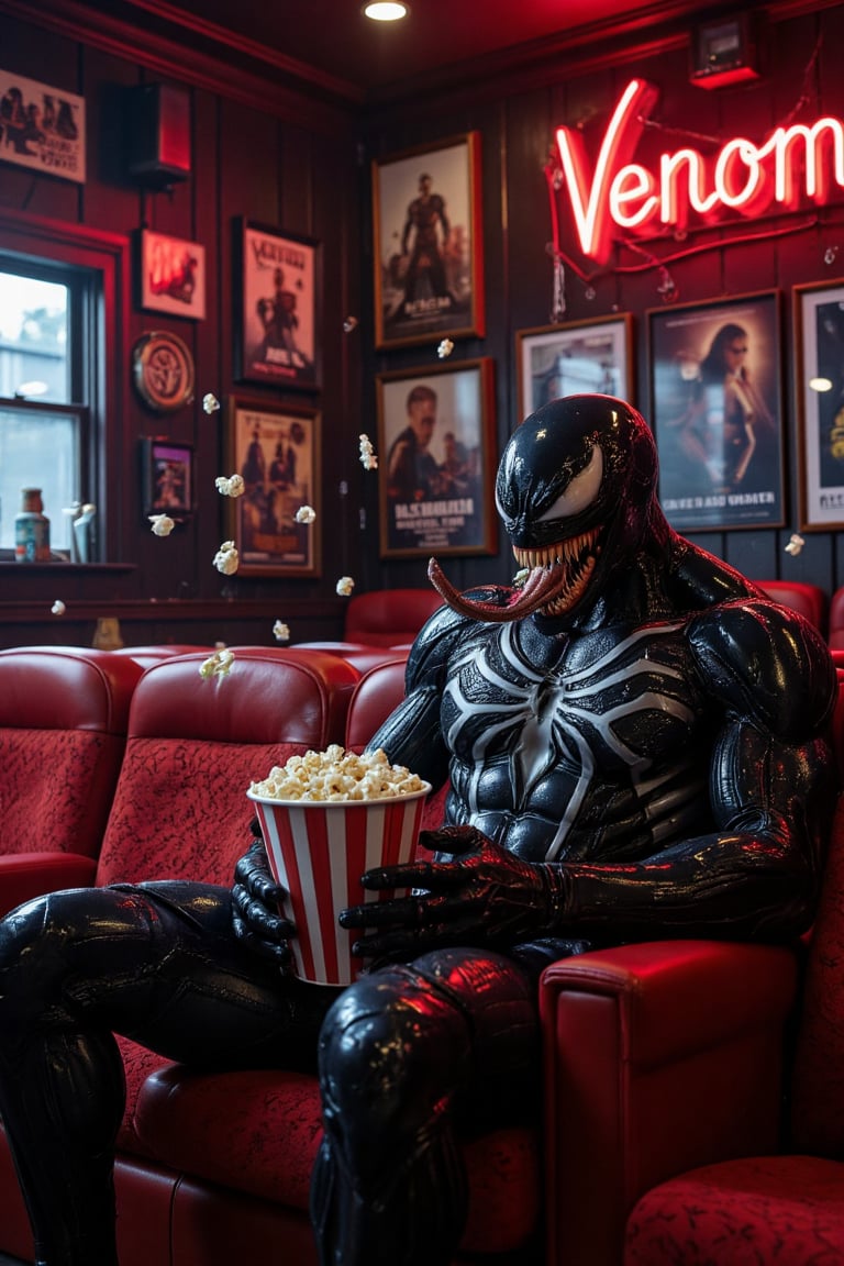 Create an imaginative scene where Venom is enjoying a quiet night in a retro-style movie theater. The surroundings are decorated with vintage movie posters and plush red seats. Venom is seated comfortably, holding a comically large popcorn bucket, with pieces of popcorn flying around animatedly. Red neon sign lights cast vibrant hues 'Venom' The atmosphere is a blend of eerie and cozy, with a hint of humor as Venom's long tongue playfully snatches popcorn mid-air..\\\n,Eddie