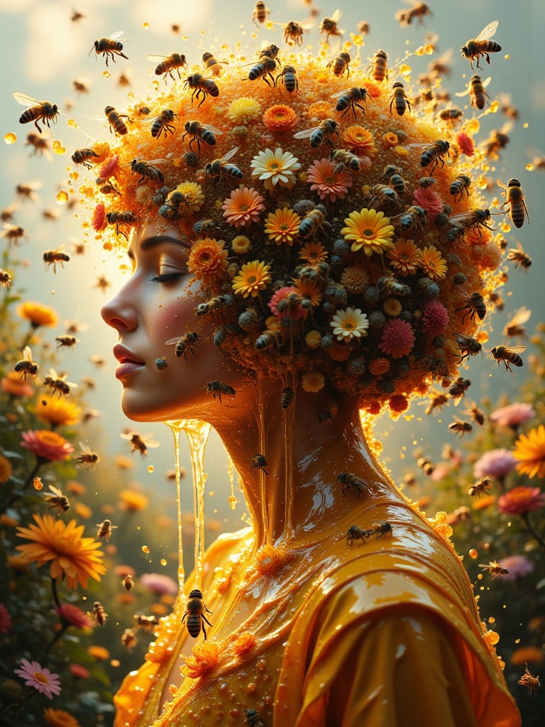 Stunning beautiful, masterpiece, raw quality, best quality, extremely detailed.Create a semi-realistic painting of a person with a beehive instead of a head, embodying an intriguing blend of nature and humanity. Surround them with a flurry of buzzing bees, creating a dynamic and lively atmosphere. Lot of honey drips from the openings of the hive, to the lips, glistening in the light and pooling around their shoulders, honey flows down onto the chest, enveloping the body. The background features a dreamy landscape filled with vibrant flowers, enhancing the surreal quality of the scene. Capture the person's body language, suggesting a calm yet whimsical demeanor, as if they are at one with the swarm of bees. The lighting should be warm and inviting, casting soft shadows that highlight the textures of the beehive and the sweetness of the honey. This composition aims to evoke a challenging the viewer's perception of identity and nature.
detailmaximizer