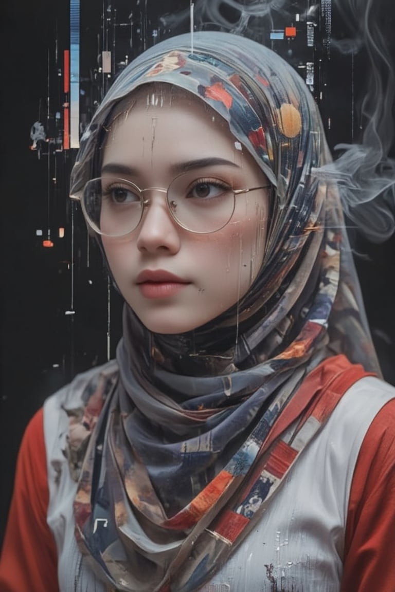  pixelated glitch effect overlays a quarter-angle, half-body shot portrait of a beautiful Malay woman wearing a hijab. She is dressed in a white jersey and red hoodie, gazing thoughtfully into the distance with hazel eyes, and wearing glasses. Smoke swirls around her, adding a surreal, nebulous atmosphere. The glitch art effect distorts her figure slightly, creating digital noise and fragmented visuals. The overall tone feels both modern and mysterious, with bold colors contrasting against the pixelated, vaporwave-like aesthetic.,glitchArt,nebulous,Zur1n3