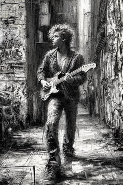 graffiti on brick wall in alley,black sketch,young punk playing guitar,wild hair,torn jeans,in the style of banksy,hyper-detailed,64K,upper_6. 