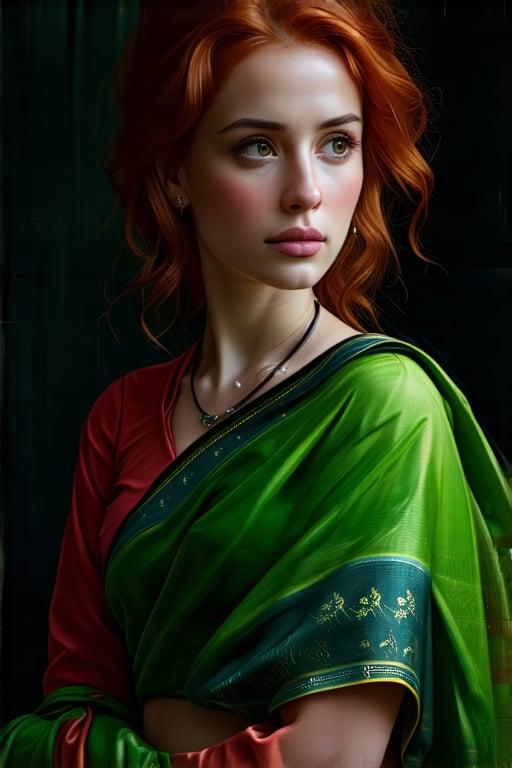 1woman,in the dark, film grain, award winning, (green tint:0.5), looking to the side, redhead, oil painting, hazel eyes, saree, 