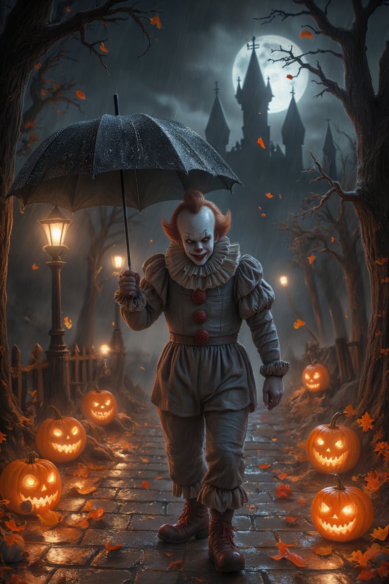 Halloween night background with pumpkins and lanterns on cobblestone street, scary clown Pennywise with puffy gray shirt around his neck holding a black umbrella to protect himself from the rain, spooky tree, glowing pumpkin lantern, orange leaves falling in the rain, fantasy castle in the distance